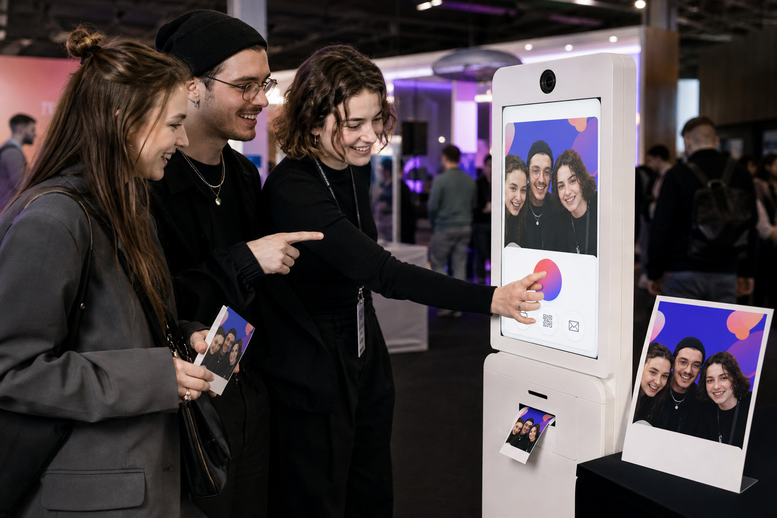Молодые гости используют фотобудку на технологической конференции